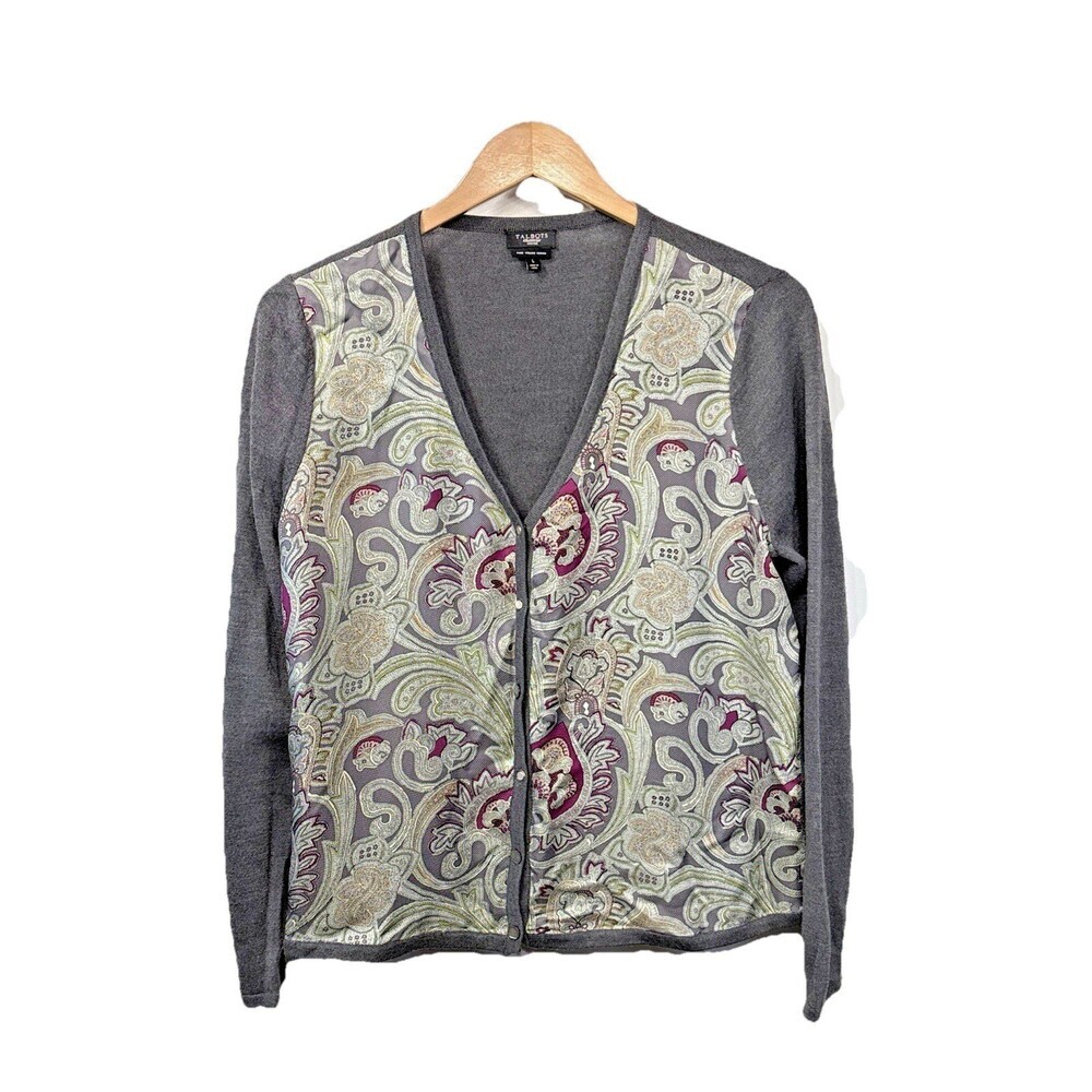 Talbots Petites Silk Merino Wool Paisley Cardigan Gray Retro Sweater Large